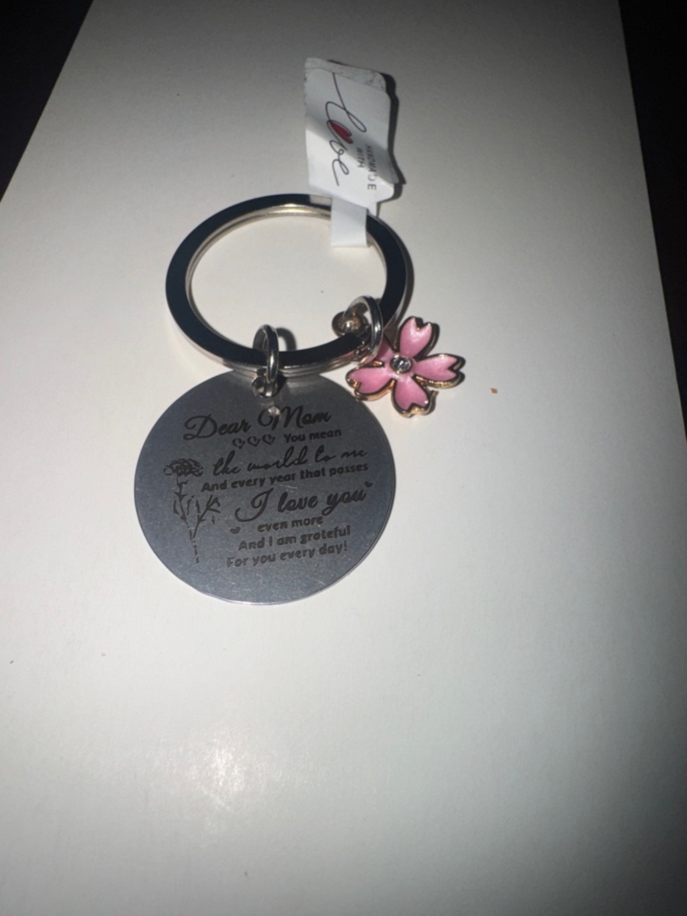 “ Mother” Engraved Pink Flower Charm Keychain
